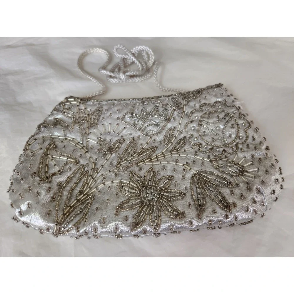 Vintage Valerie Stevens Silver Hand-Beaded Evening Bag‎ Braided Strap 8